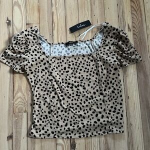 NWT Lulus Dalmatian animal Print Puff Sleeve Square Neck neutral Top Women's XL‎
